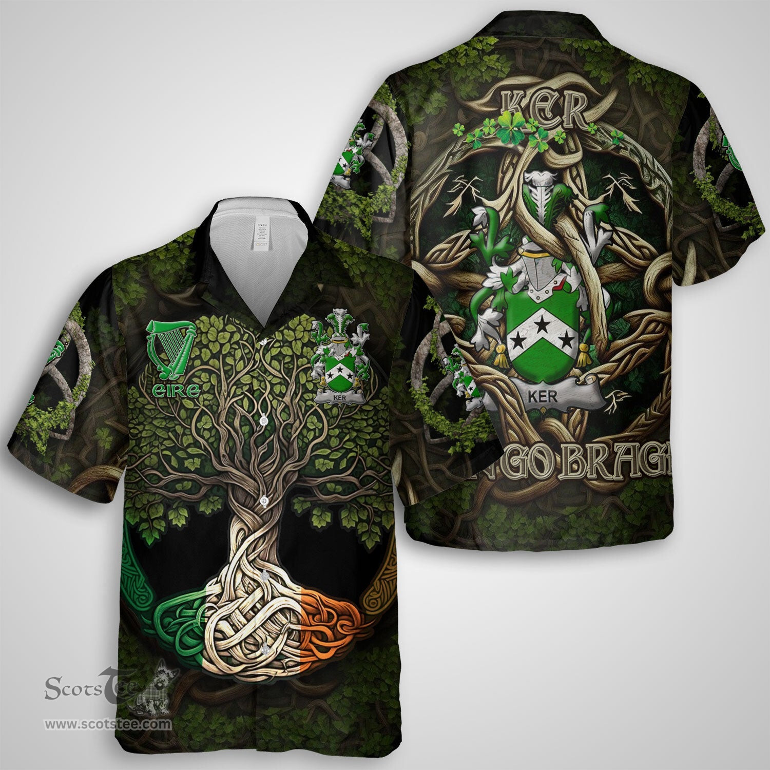 ScotsTee Shop Irish Ker Coat of Arms Irish Shirt Family Crest Irish Is My Root Short Sleeve Shirt
