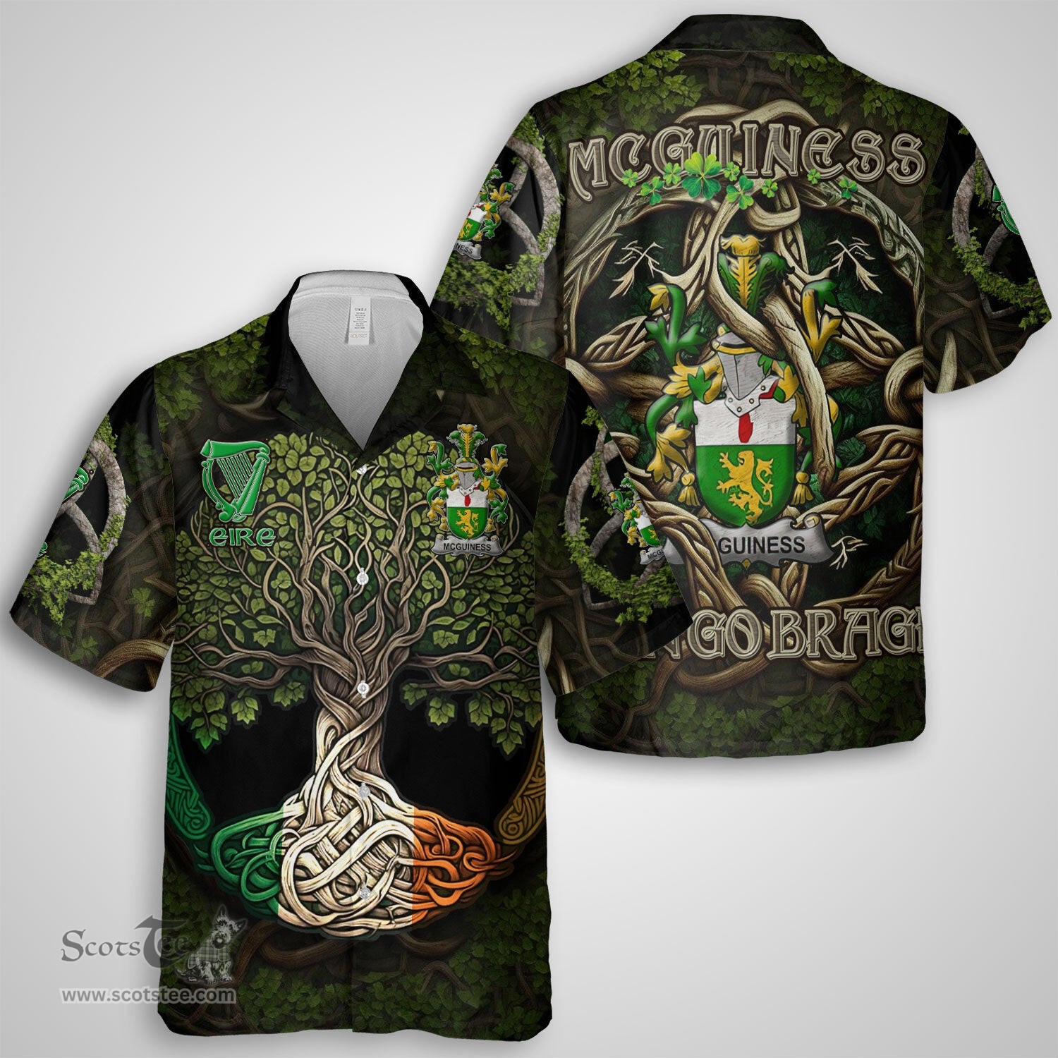 ScotsTee Shop Irish McGuiness or McGenis Coat of Arms Irish Shirt Family Crest Irish Is My Root Short Sleeve Shirt