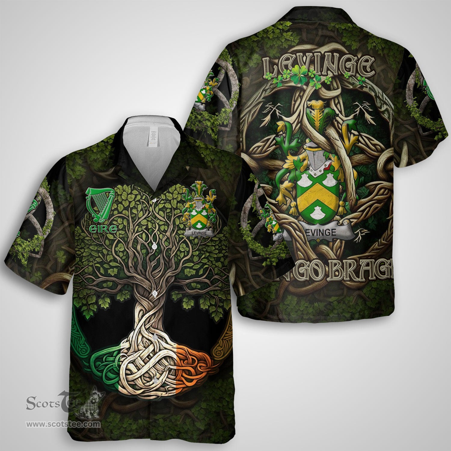ScotsTee Shop Irish Levinge or Levens Coat of Arms Irish Shirt Family Crest Irish Is My Root Short Sleeve Shirt