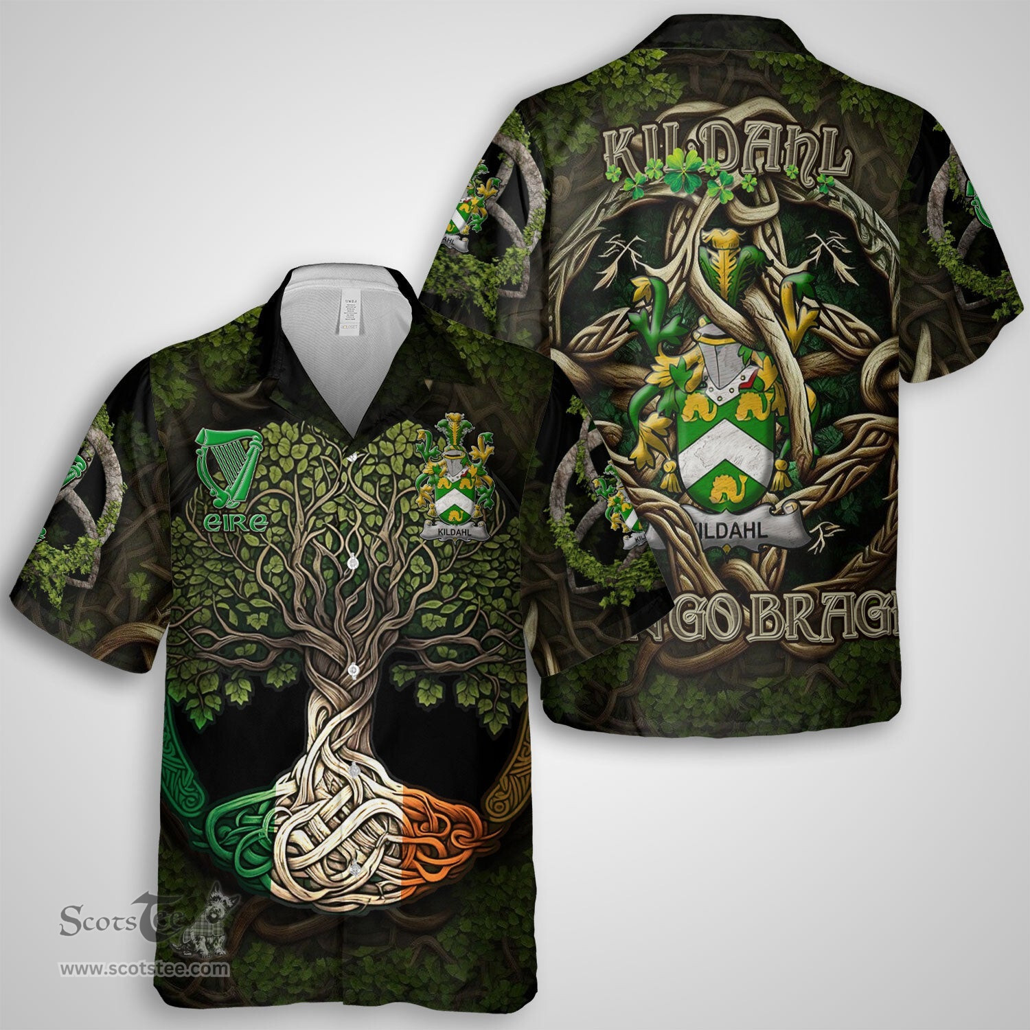 ScotsTee Shop Irish Kildahl Coat of Arms Irish Shirt Family Crest Irish Is My Root Short Sleeve Shirt