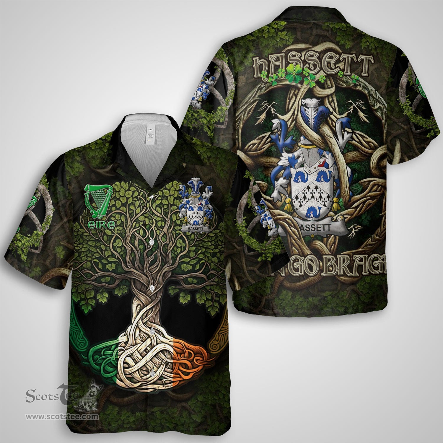 ScotsTee Shop Irish Hassett or Hasset Coat of Arms Irish Shirt Family Crest Irish Is My Root Short Sleeve Shirt