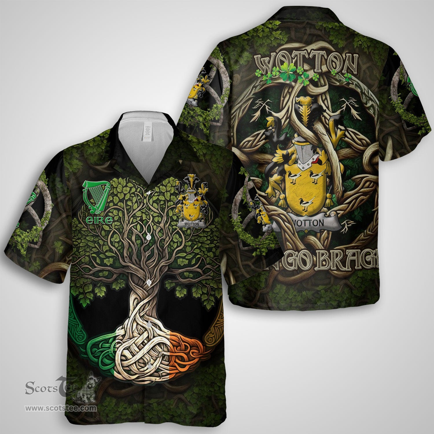 ScotsTee Shop Irish Wotton Coat of Arms Irish Shirt Family Crest Irish Is My Root Short Sleeve Shirt