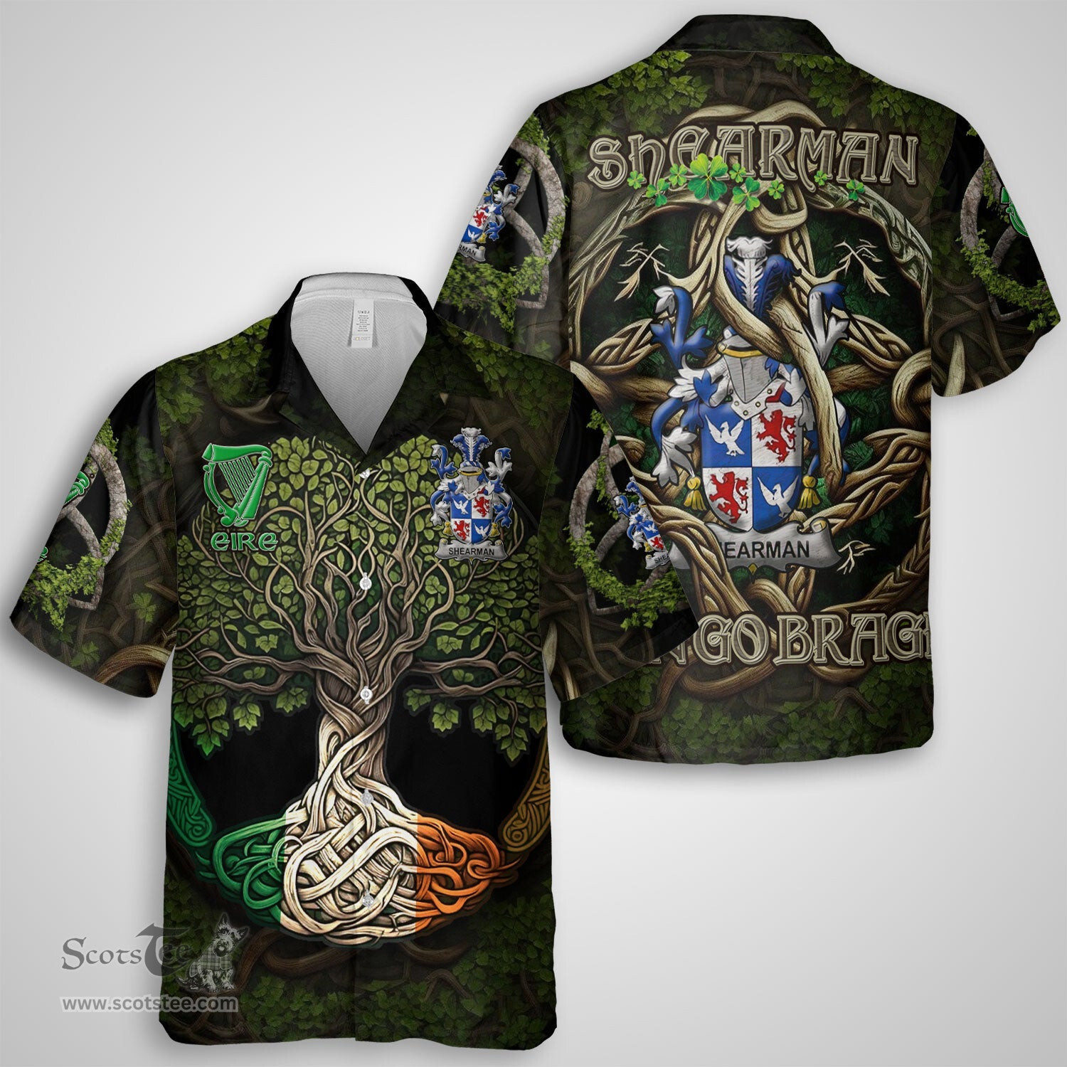 ScotsTee Shop Irish Shearman Coat of Arms Irish Shirt Family Crest Irish Is My Root Short Sleeve Shirt