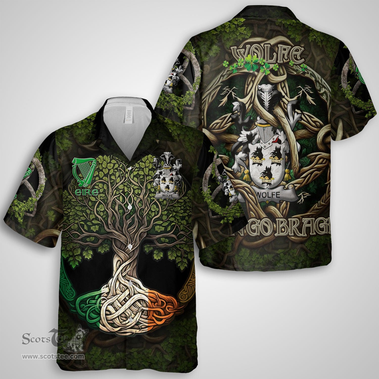 ScotsTee Shop Irish Wolfe Coat of Arms Irish Shirt Family Crest Irish Is My Root Short Sleeve Shirt