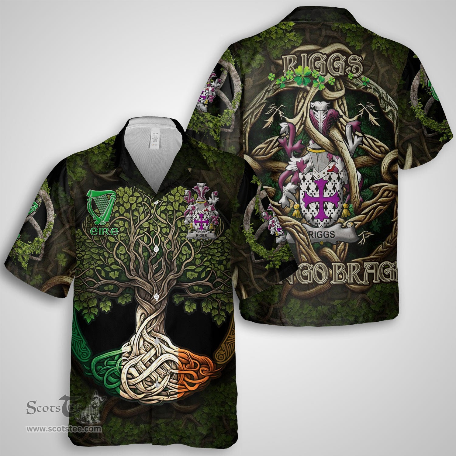 ScotsTee Shop Irish Riggs Coat of Arms Irish Shirt Family Crest Irish Is My Root Short Sleeve Shirt