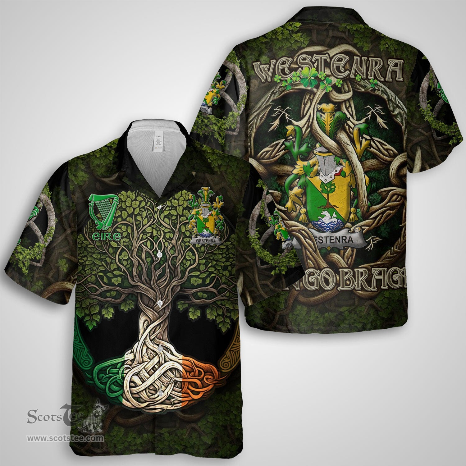 ScotsTee Shop Irish Westenra Coat of Arms Irish Shirt Family Crest Irish Is My Root Short Sleeve Shirt