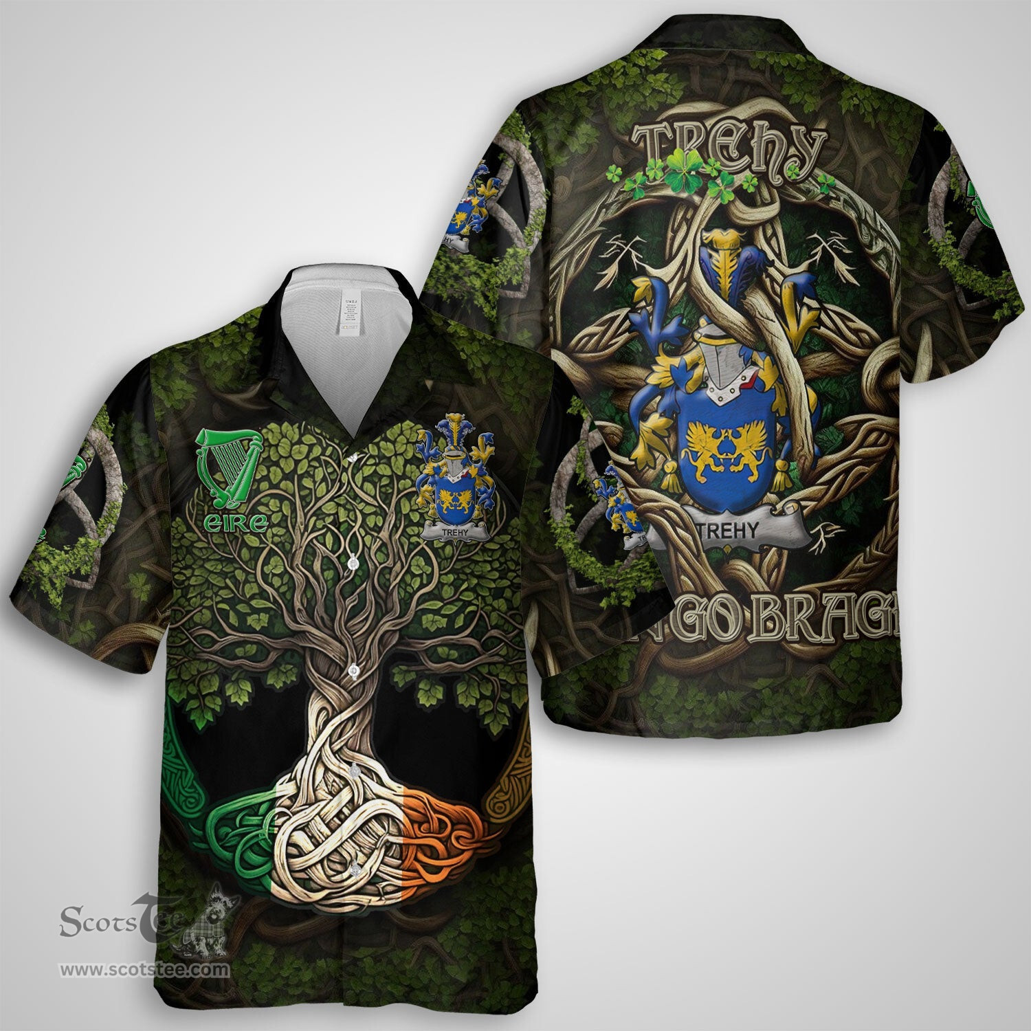 ScotsTee Shop Irish Trehy or O Trehy Coat of Arms Irish Shirt Family Crest Irish Is My Root Short Sleeve Shirt