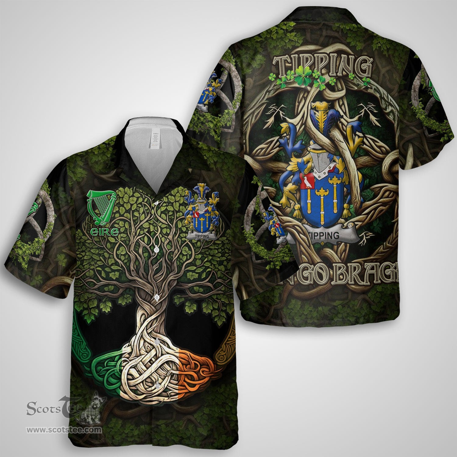 ScotsTee Shop Irish Tipping Coat of Arms Irish Shirt Family Crest Irish Is My Root Short Sleeve Shirt