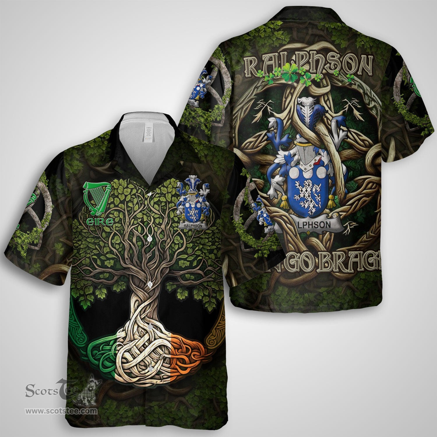 ScotsTee Shop Irish Ralphson Coat of Arms Irish Shirt Family Crest Irish Is My Root Short Sleeve Shirt