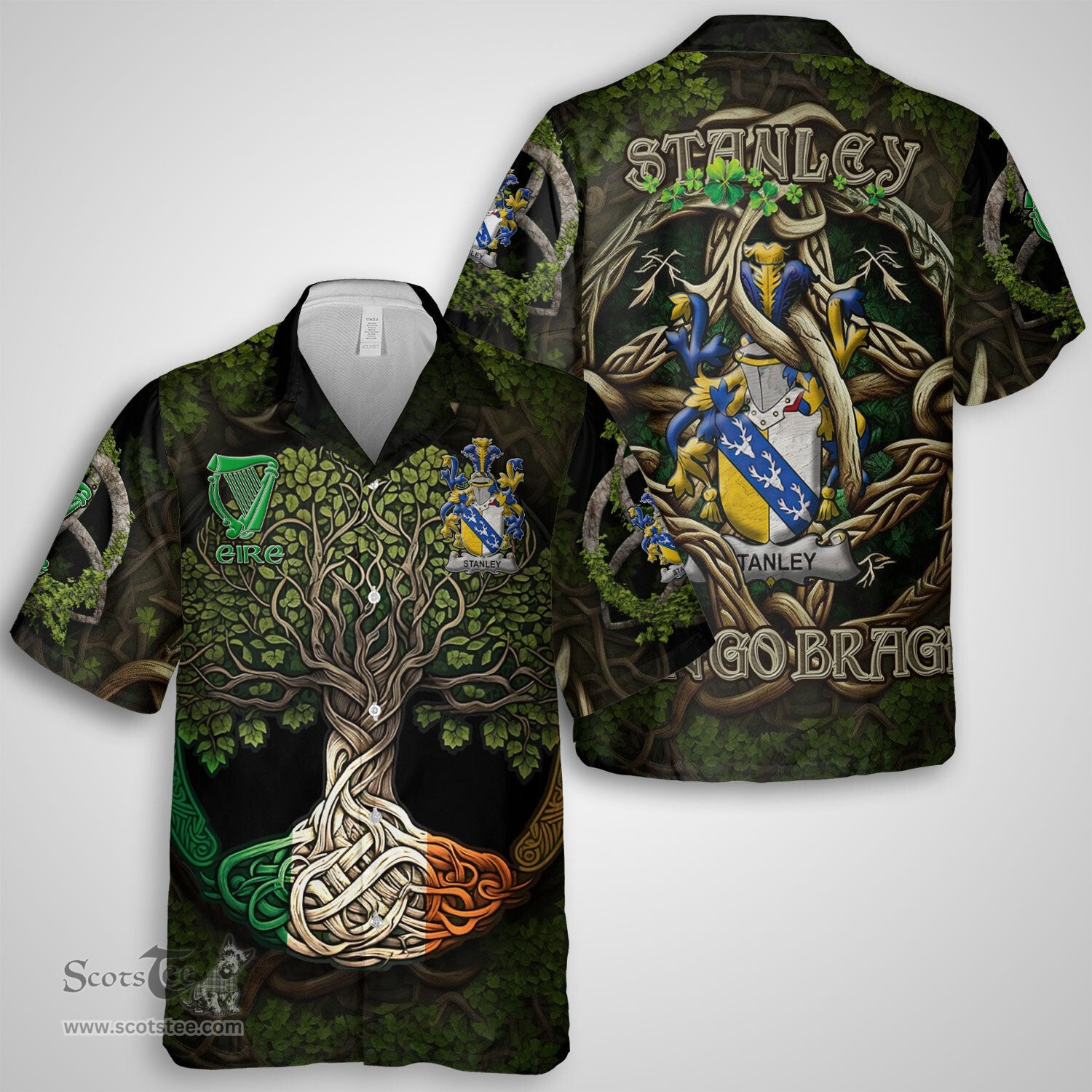 ScotsTee Shop Irish Stanley Coat of Arms Irish Shirt Family Crest Irish Is My Root Short Sleeve Shirt