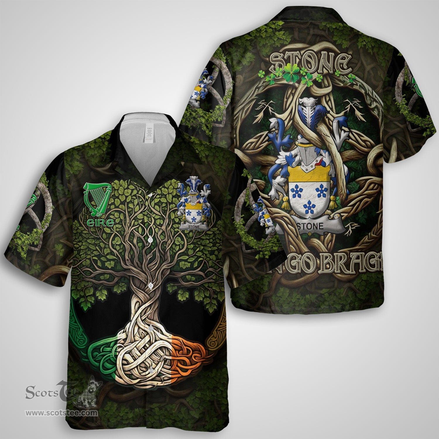 ScotsTee Shop Irish Stone Coat of Arms Irish Shirt Family Crest Irish Is My Root Short Sleeve Shirt