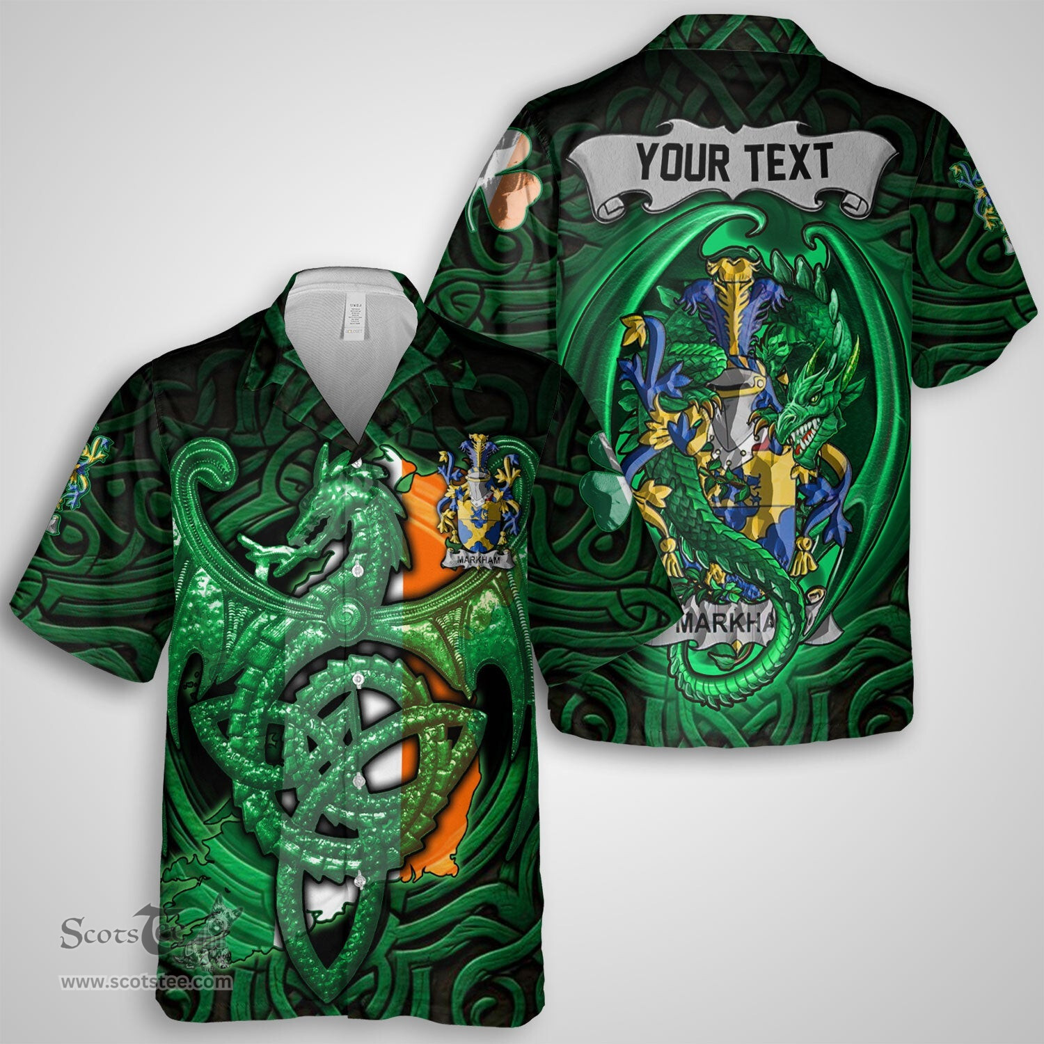 ScotsTee Shop Irish Markham Coat of Arms Irish Shirt Family Crest Green Dragon Of Ireland Short Sleeve Shirt