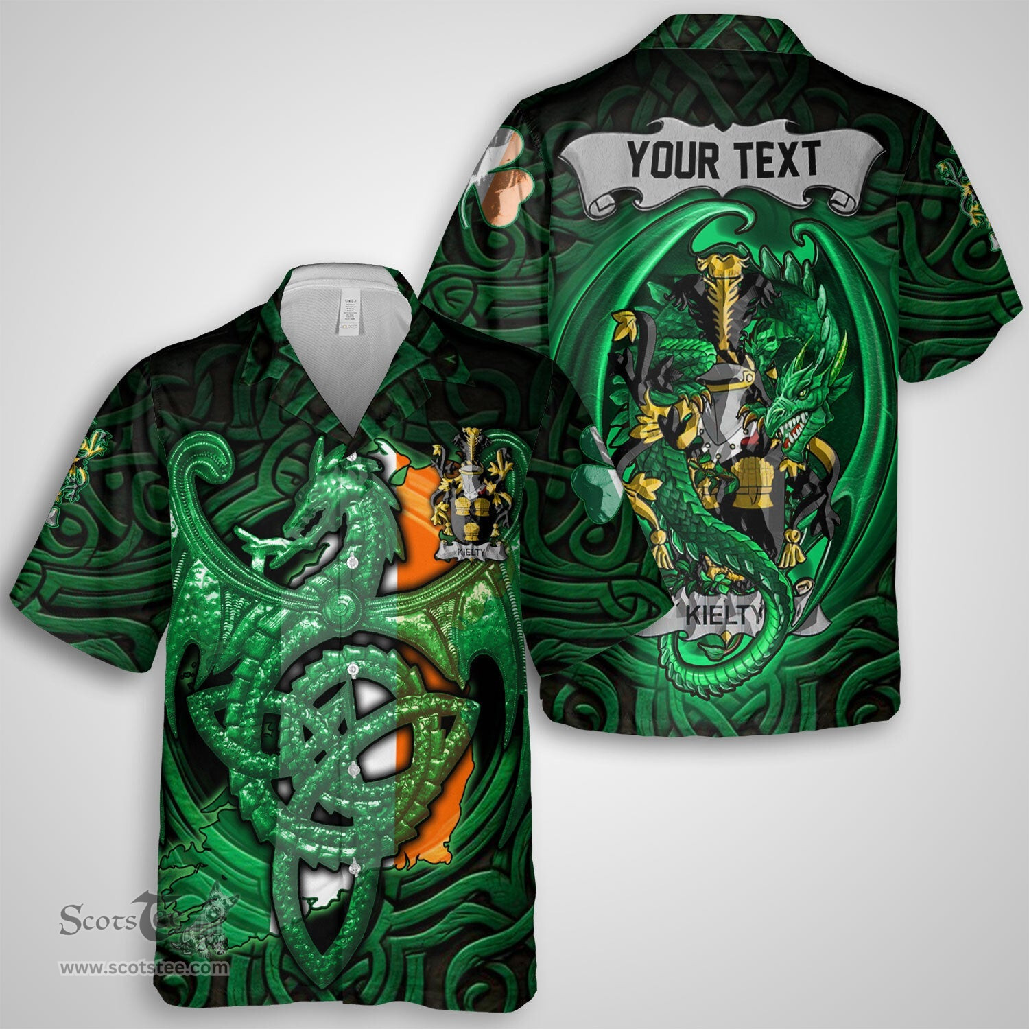 ScotsTee Shop Irish Kielty ot O Quilty Coat of Arms Irish Shirt Family Crest Green Dragon Of Ireland Short Sleeve Shirt