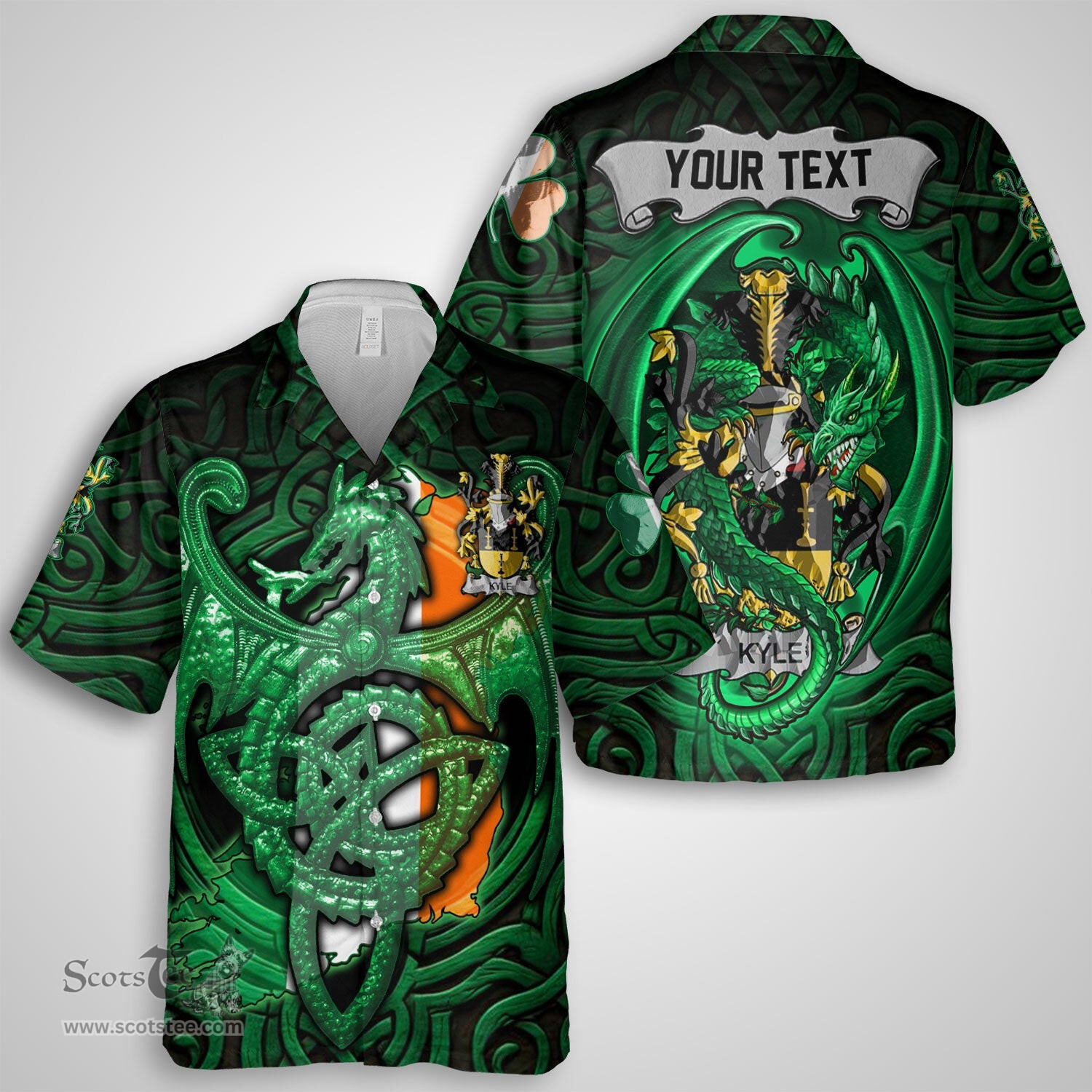 ScotsTee Shop Irish Kyle Coat of Arms Irish Shirt Family Crest Green Dragon Of Ireland Short Sleeve Shirt