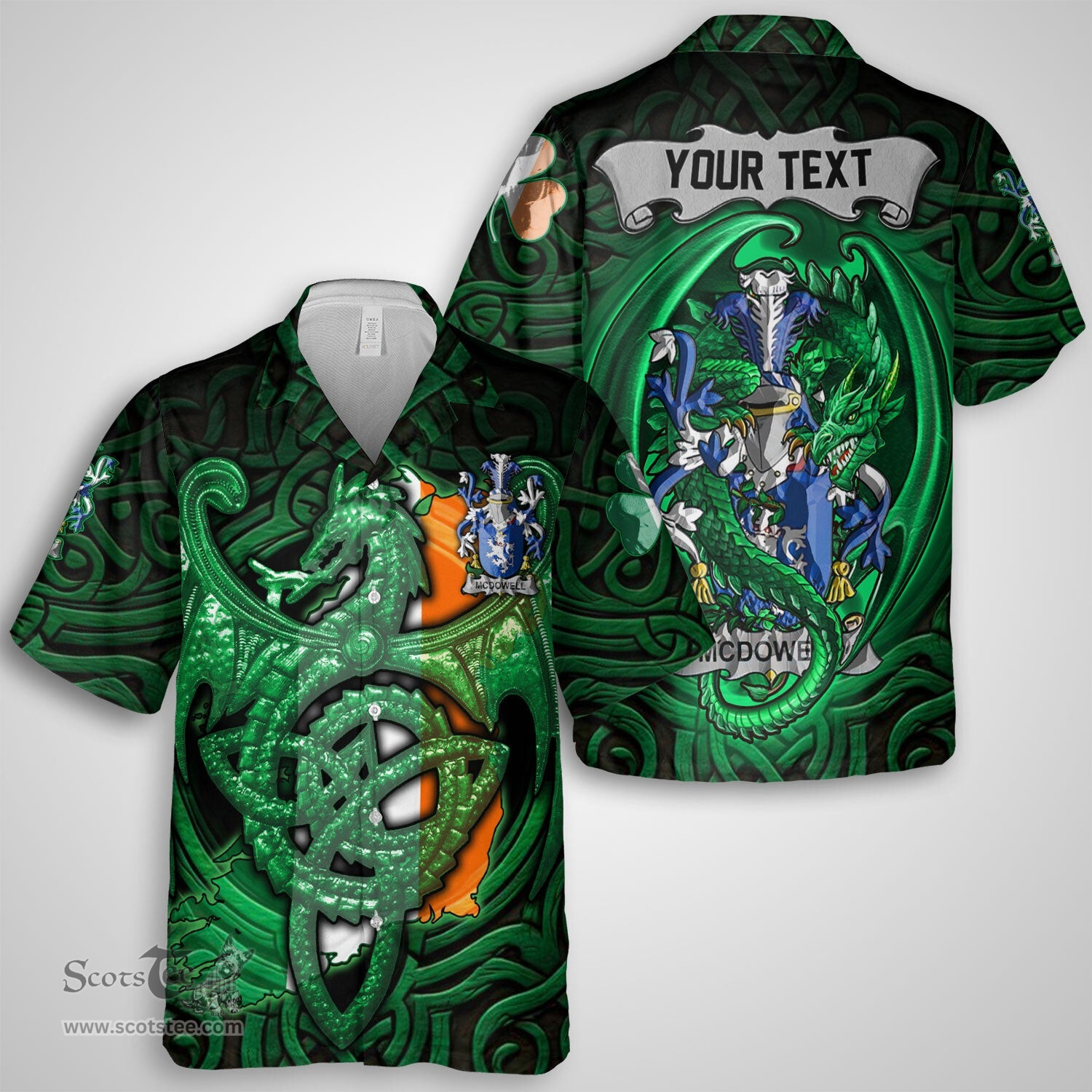 ScotsTee Shop Irish McDowell Coat of Arms Irish Shirt Family Crest Green Dragon Of Ireland Short Sleeve Shirt