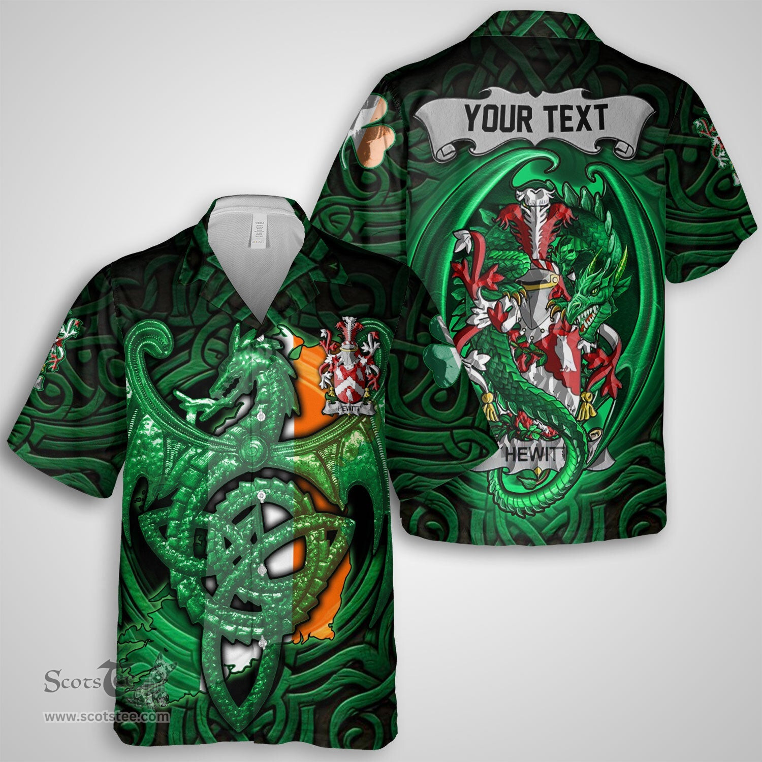 ScotsTee Shop Irish Hewitt Coat of Arms Irish Shirt Family Crest Green Dragon Of Ireland Short Sleeve Shirt