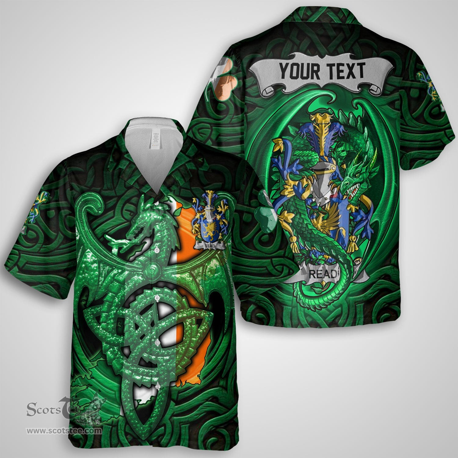 ScotsTee Shop Irish Read Coat of Arms Irish Shirt Family Crest Green Dragon Of Ireland Short Sleeve Shirt