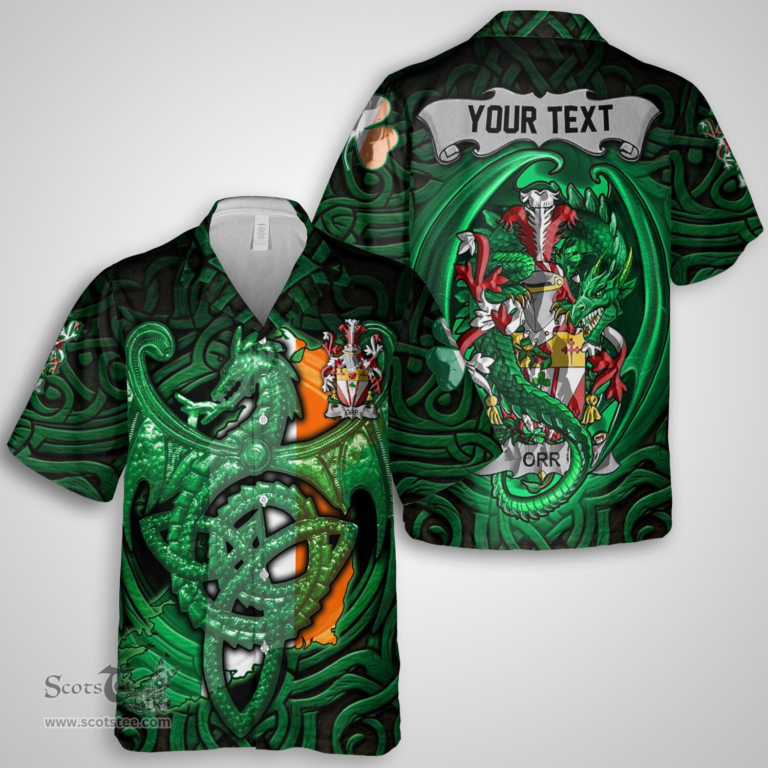 ScotsTee Shop Irish Orr Coat of Arms Irish Shirt Family Crest Green Dragon Of Ireland Short Sleeve Shirt