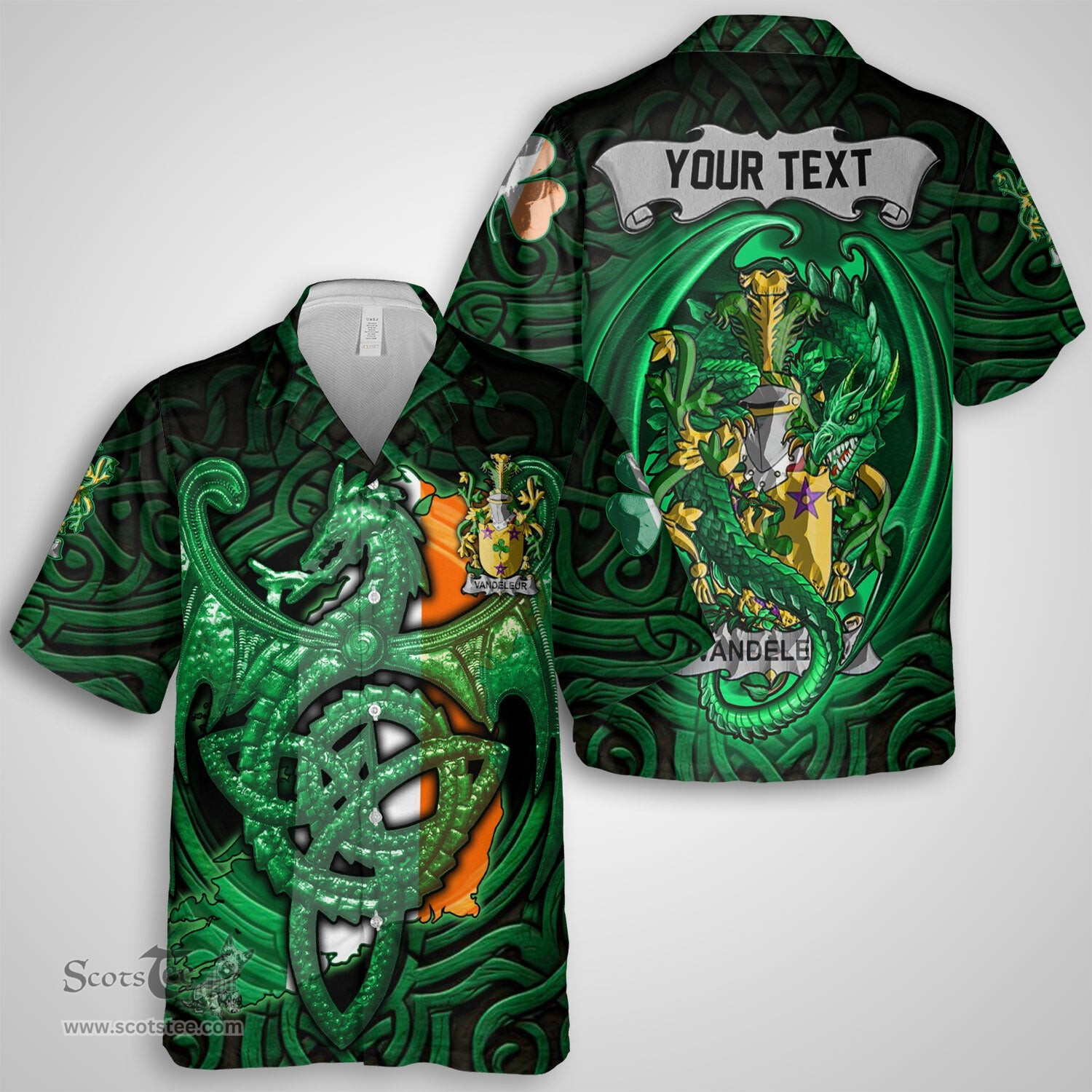 ScotsTee Shop Irish Vandeleur Coat of Arms Irish Shirt Family Crest Green Dragon Of Ireland Short Sleeve Shirt