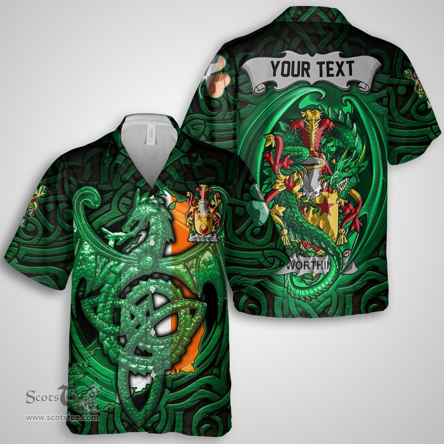 ScotsTee Shop Irish Worthing Coat of Arms Irish Shirt Family Crest Green Dragon Of Ireland Short Sleeve Shirt