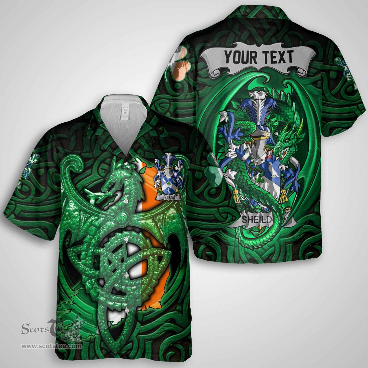 ScotsTee Shop Irish Sheilds Coat of Arms Irish Shirt Family Crest Green Dragon Of Ireland Short Sleeve Shirt