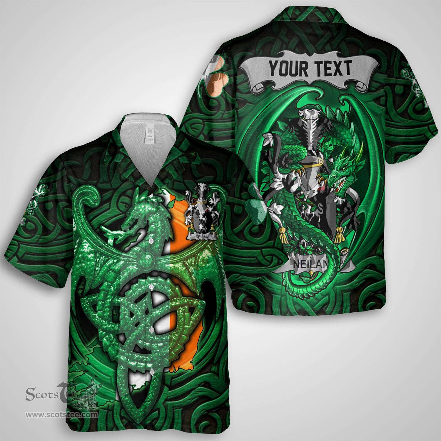 ScotsTee Shop Irish Neilan or O Neylan Coat of Arms Irish Shirt Family Crest Green Dragon Of Ireland Short Sleeve Shirt