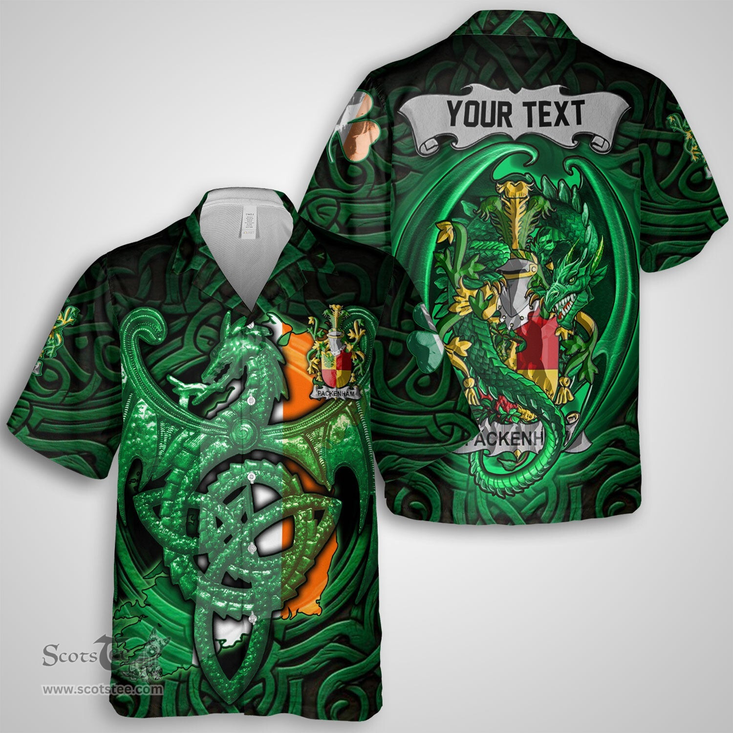 ScotsTee Shop Irish Packenham Coat of Arms Irish Shirt Family Crest Green Dragon Of Ireland Short Sleeve Shirt