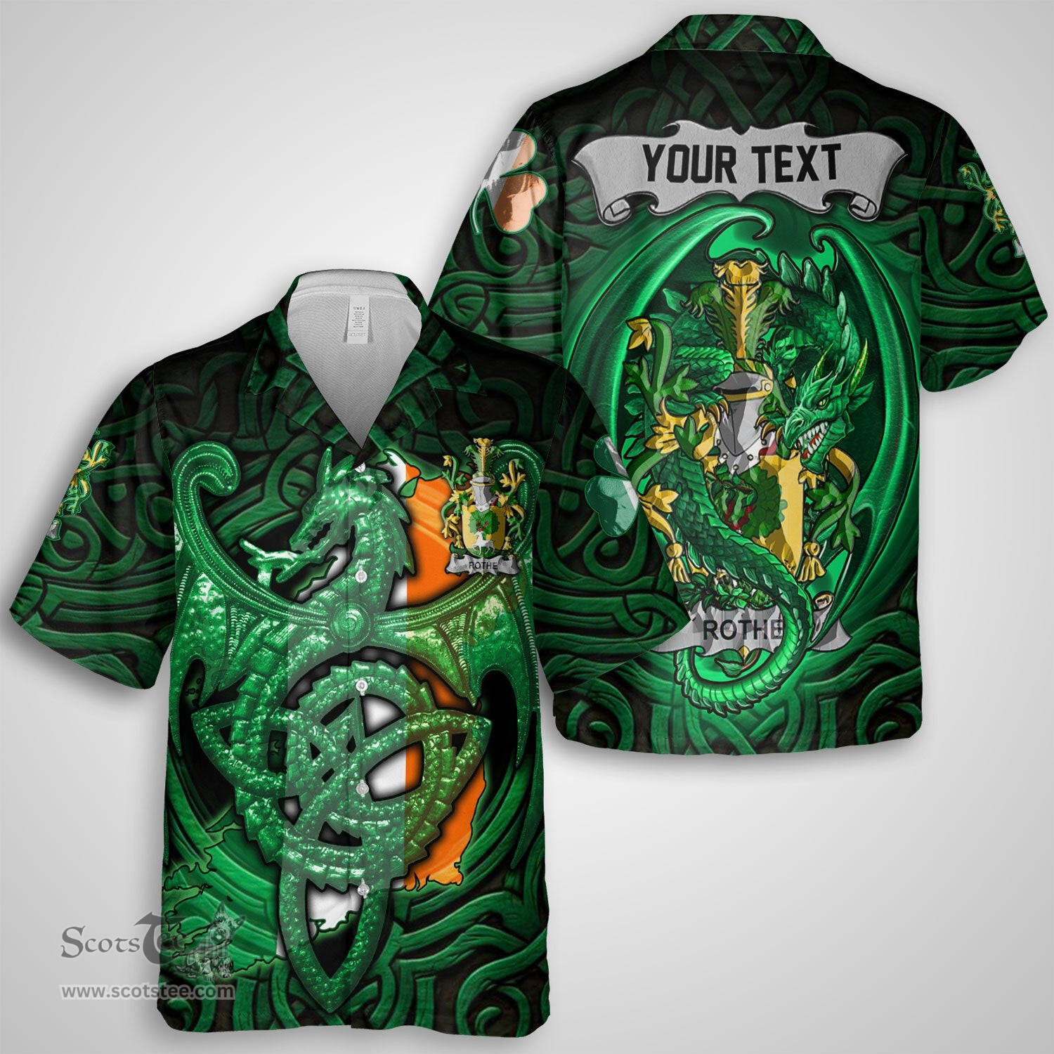 ScotsTee Shop Irish Rothe Coat of Arms Irish Shirt Family Crest Green Dragon Of Ireland Short Sleeve Shirt
