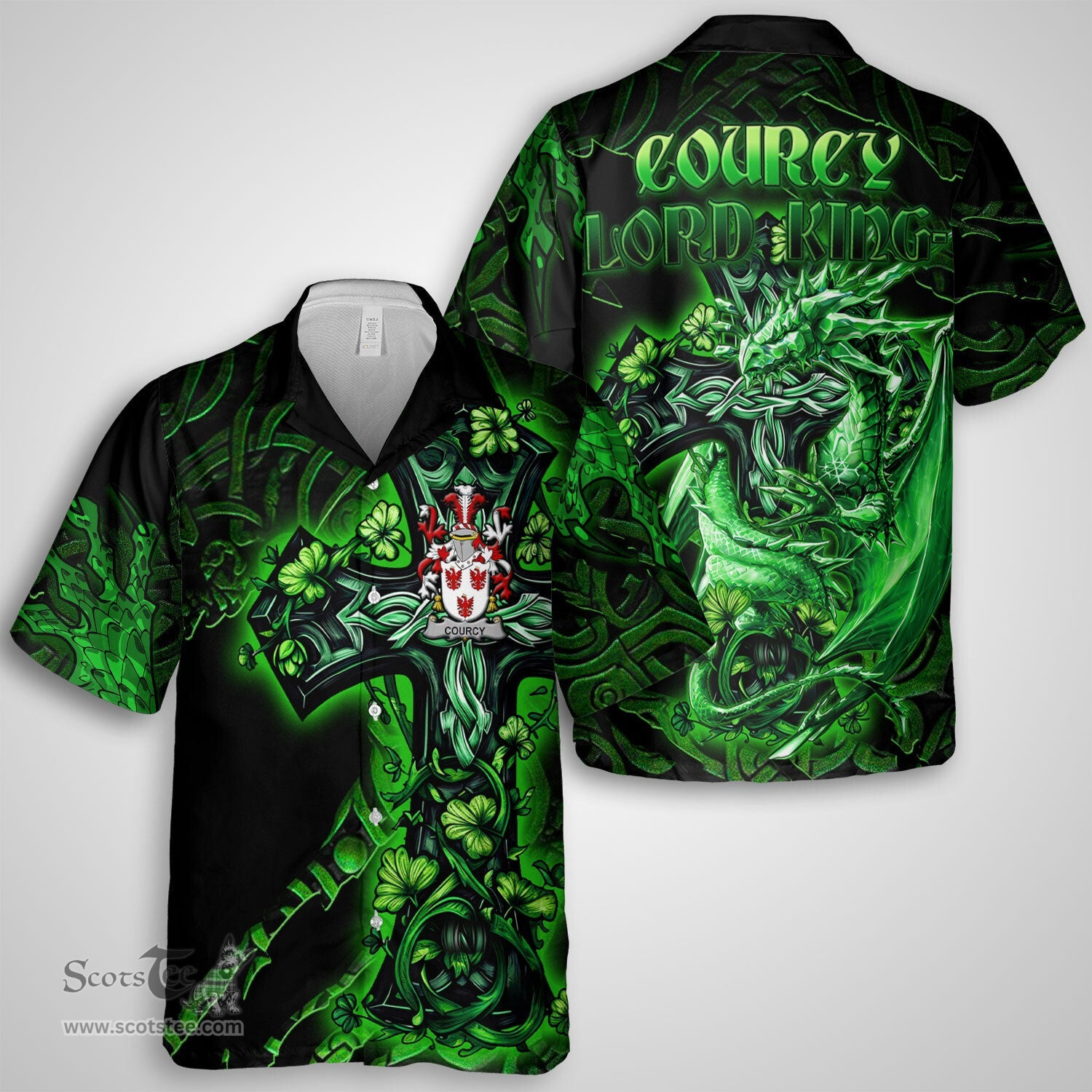 ScotsTee Shop Irish Courcy de Lord Kingsale Coat of Arms Irish Shirt Family Crest Celtic Cross And Dragon Short Sleeve Shirt