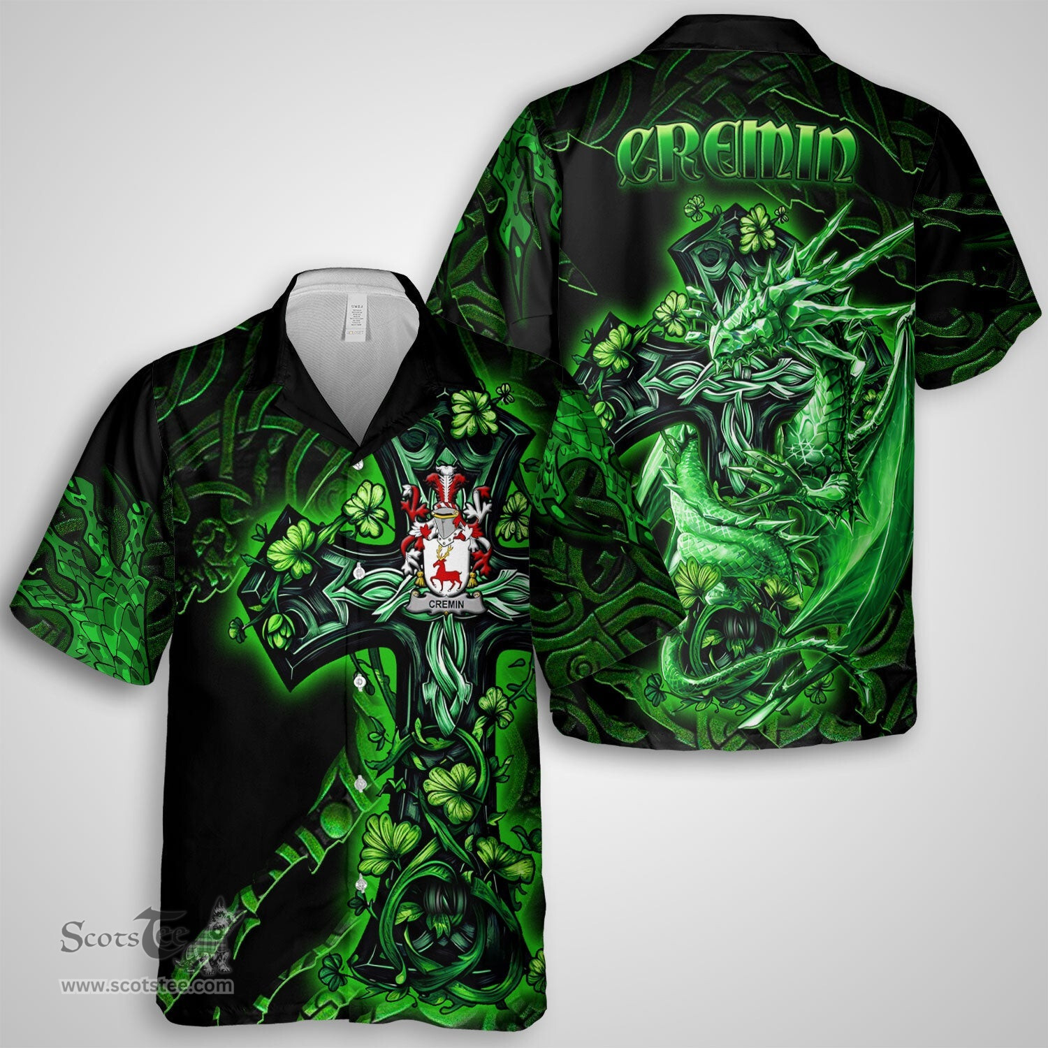 ScotsTee Shop Irish Cremin or O Cremin Coat of Arms Irish Shirt Family Crest Celtic Cross And Dragon Short Sleeve Shirt