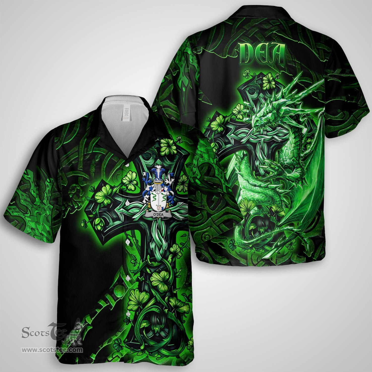 ScotsTee Shop Irish Dea or O Dea Coat of Arms Irish Shirt Family Crest Celtic Cross And Dragon Short Sleeve Shirt