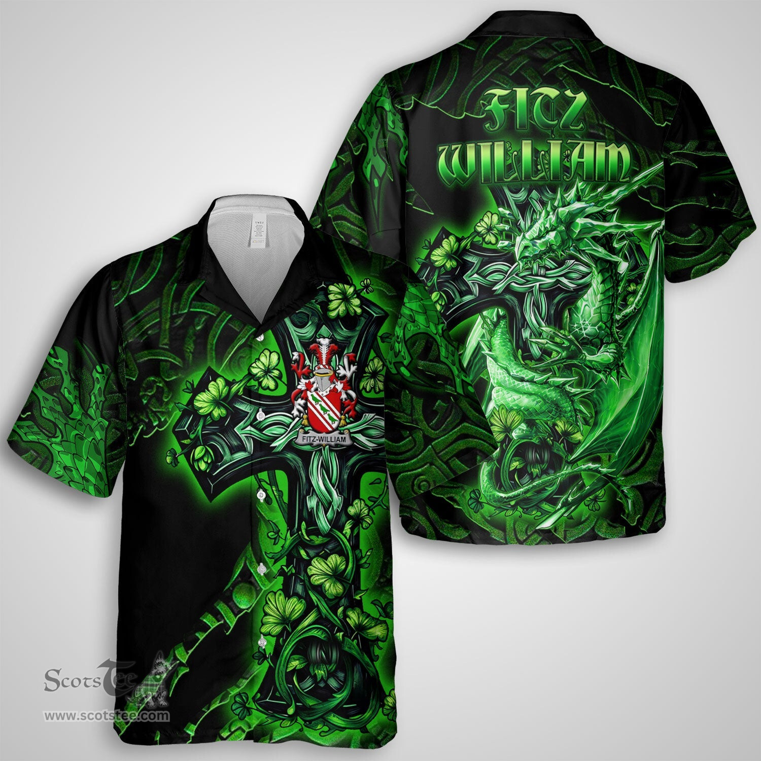 ScotsTee Shop Irish Fitz William Coat of Arms Irish Shirt Family Crest Celtic Cross And Dragon Short Sleeve Shirt