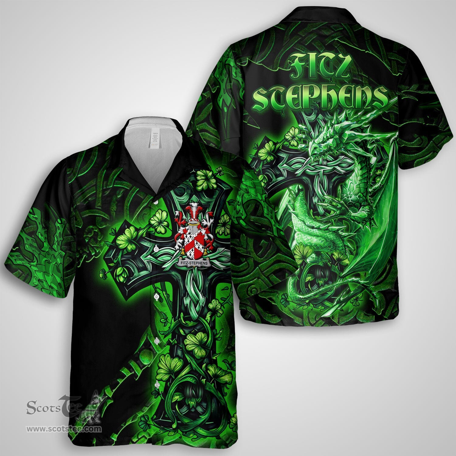 ScotsTee Shop Irish Fitz Stephens Coat of Arms Irish Shirt Family Crest Celtic Cross And Dragon Short Sleeve Shirt