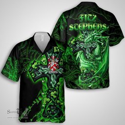ScotsTee Shop Irish Fitz Stephens Coat of Arms Irish Shirt Family Crest Celtic Cross And Dragon Short Sleeve Shirt
