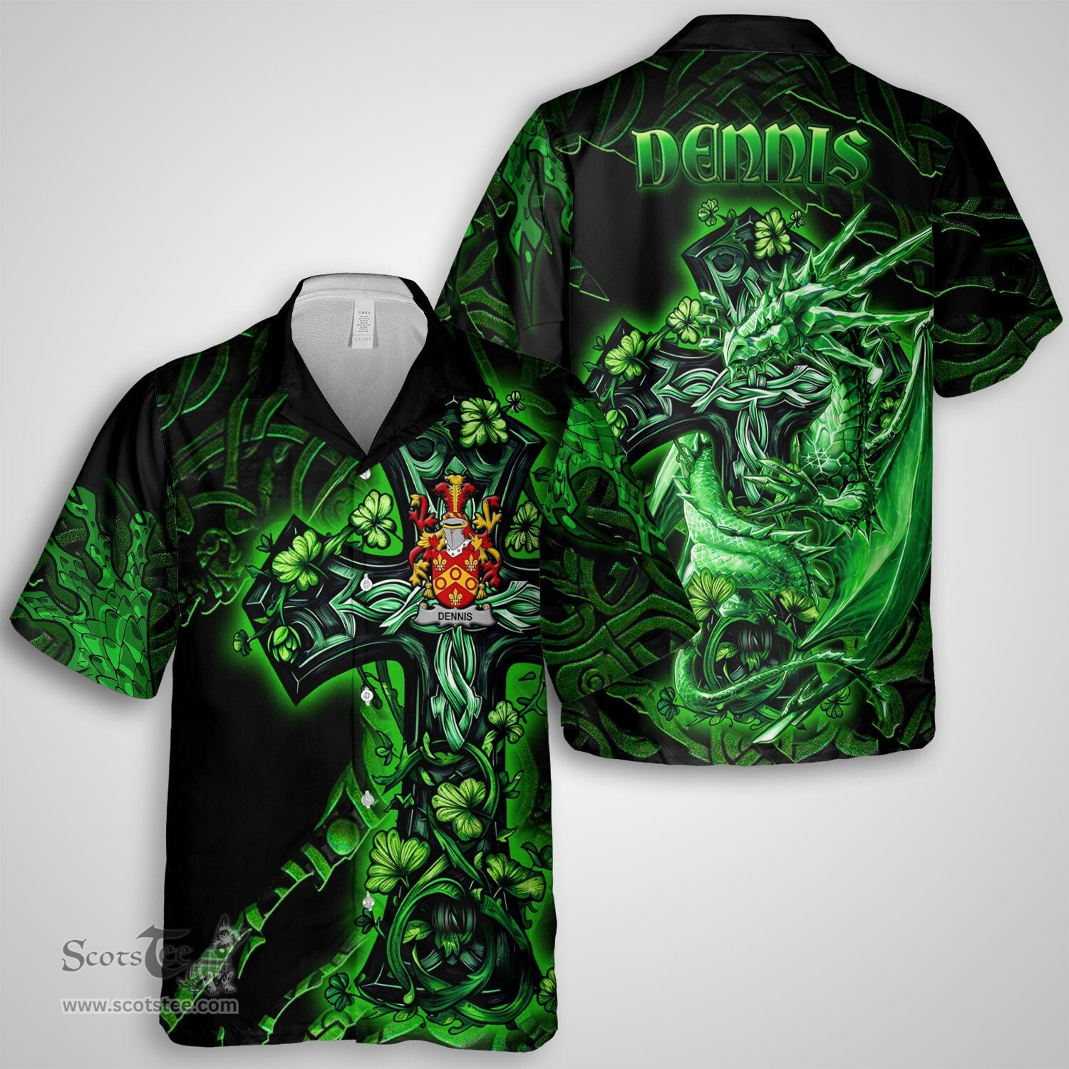 ScotsTee Shop Irish Dennis Coat of Arms Irish Shirt Family Crest Celtic Cross And Dragon Short Sleeve Shirt