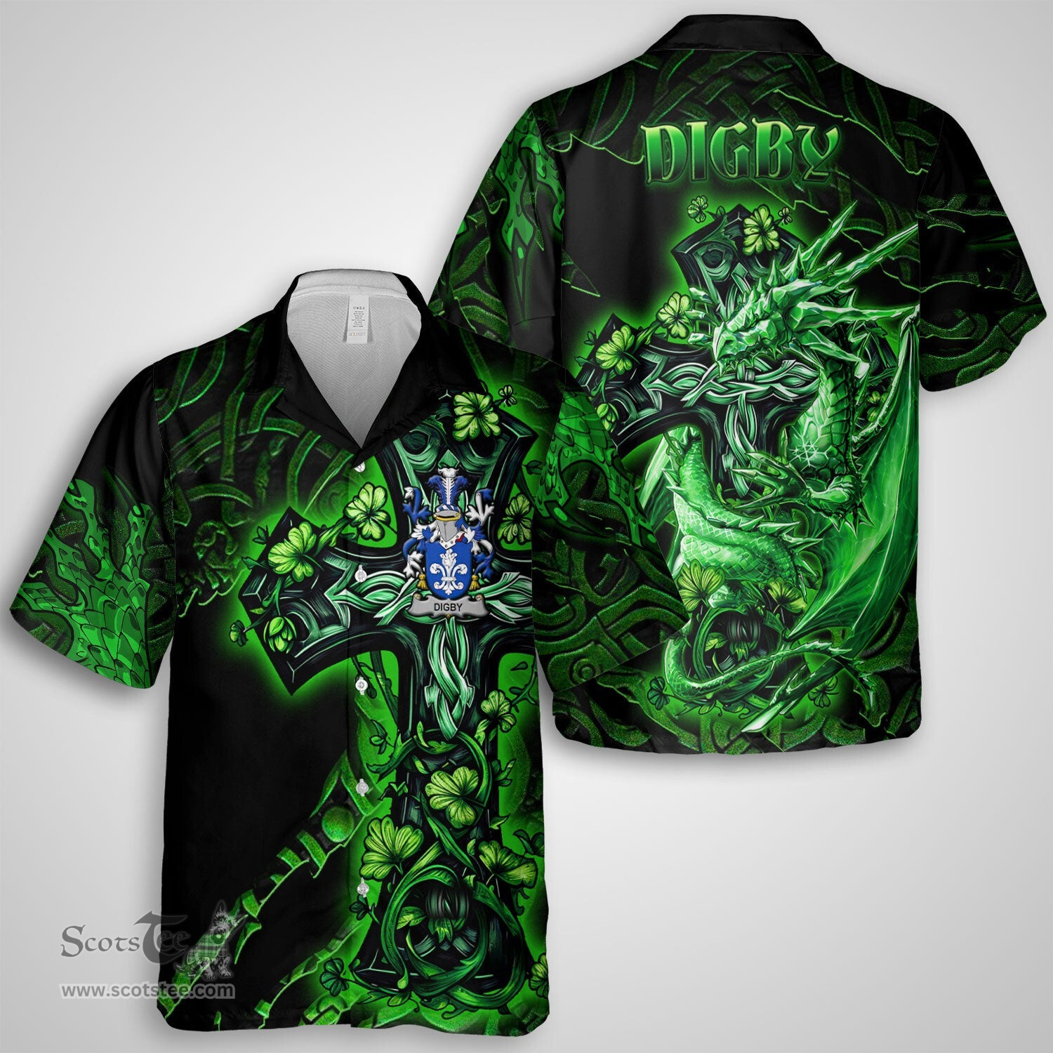ScotsTee Shop Irish Digby Coat of Arms Irish Shirt Family Crest Celtic Cross And Dragon Short Sleeve Shirt