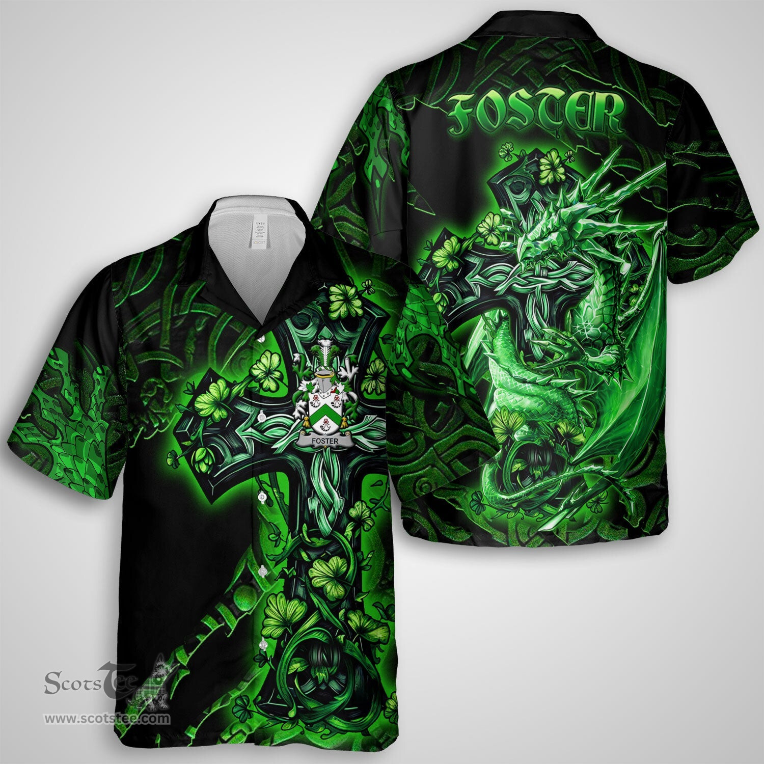 ScotsTee Shop Irish Foster Coat of Arms Irish Shirt Family Crest Celtic Cross And Dragon Short Sleeve Shirt