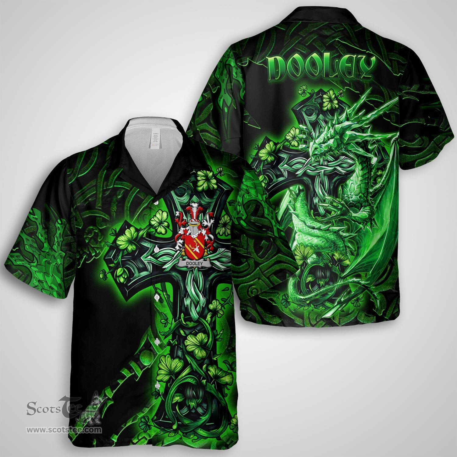 ScotsTee Shop Irish Dooley or O Dooley Coat of Arms Irish Shirt Family Crest Celtic Cross And Dragon Short Sleeve Shirt