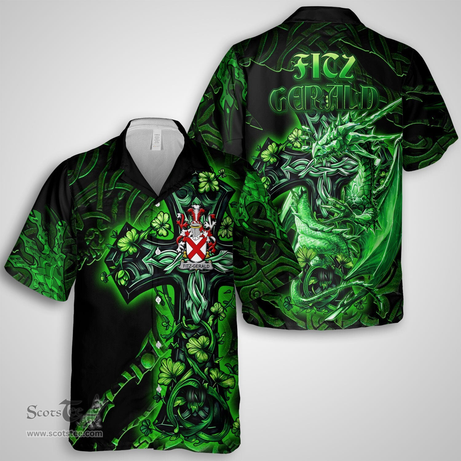 ScotsTee Shop Irish Fitz Gerald Coat of Arms Irish Shirt Family Crest Celtic Cross And Dragon Short Sleeve Shirt