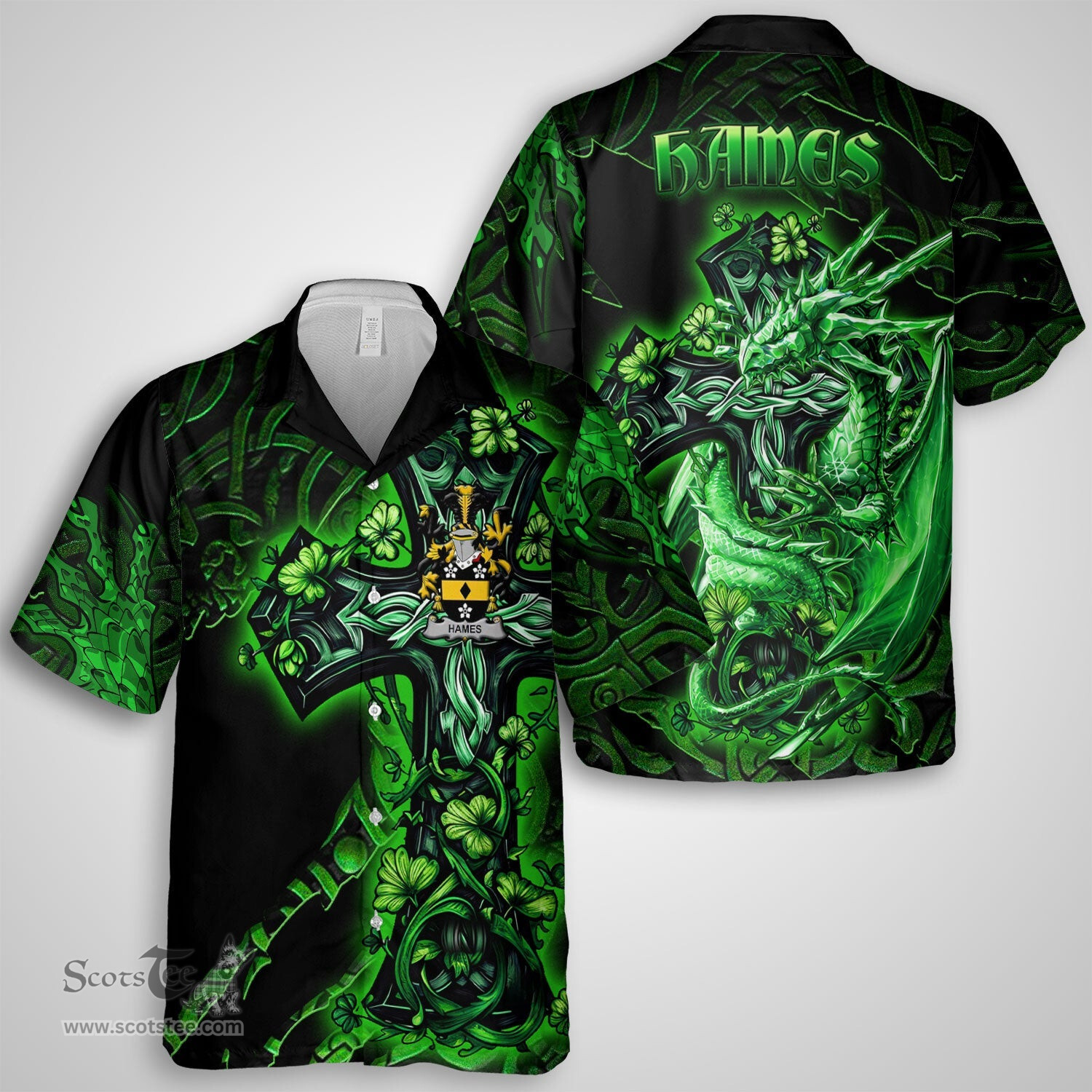 ScotsTee Shop Irish Hames Coat of Arms Irish Shirt Family Crest Celtic Cross And Dragon Short Sleeve Shirt