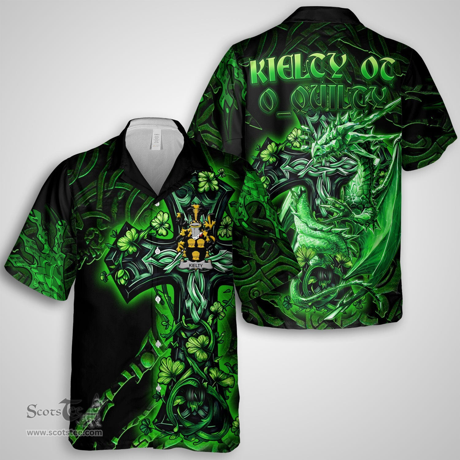ScotsTee Shop Irish Kielty ot O Quilty Coat of Arms Irish Shirt Family Crest Celtic Cross And Dragon Short Sleeve Shirt