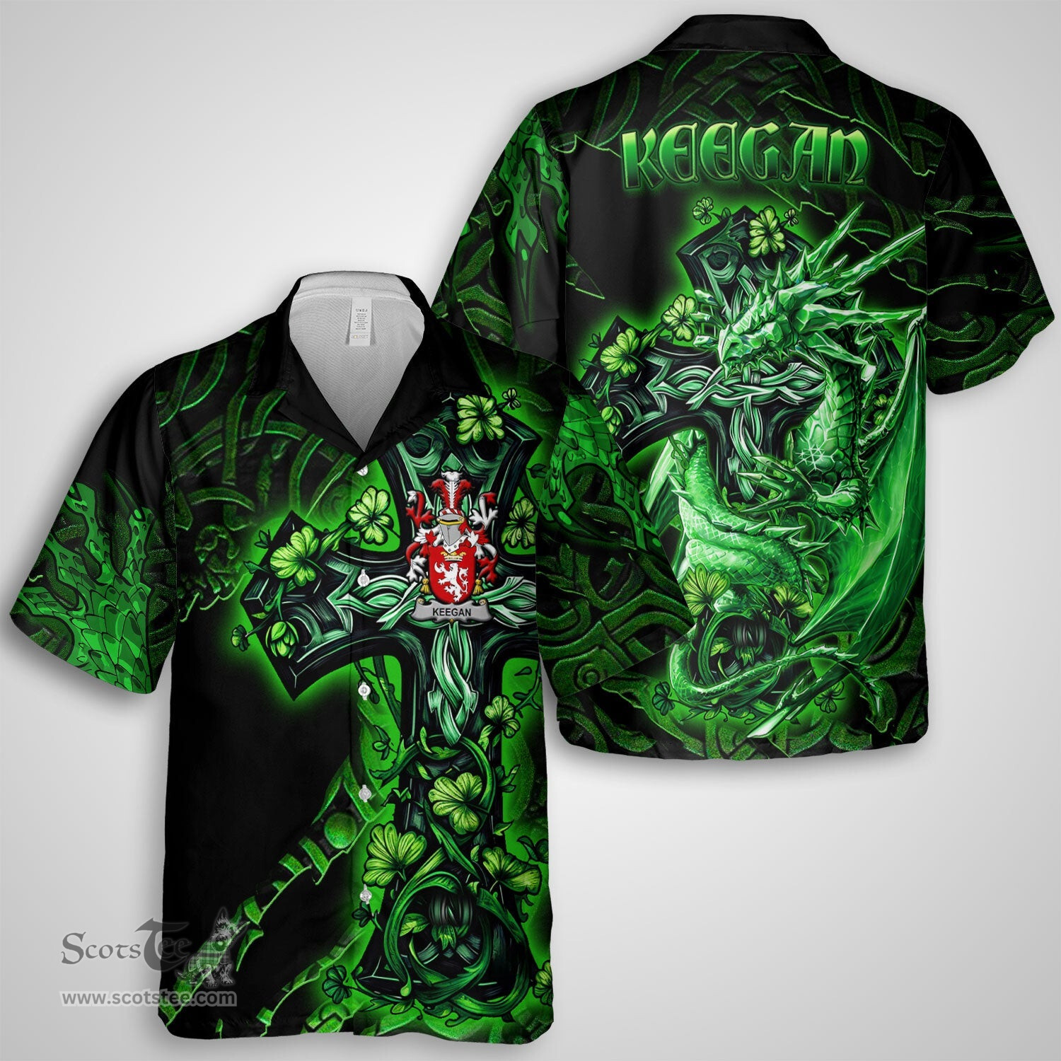 ScotsTee Shop Irish Keegan or Egan Coat of Arms Irish Shirt Family Crest Celtic Cross And Dragon Short Sleeve Shirt
