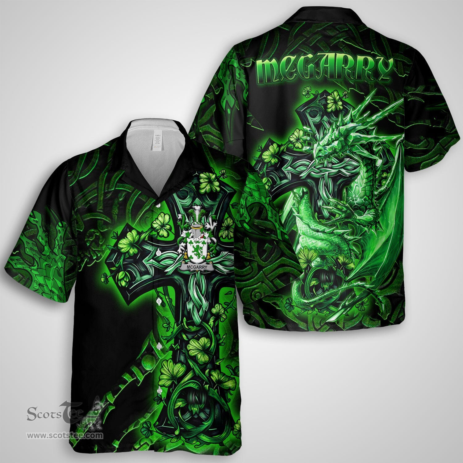ScotsTee Shop Irish McGarry or Garry Coat of Arms Irish Shirt Family Crest Celtic Cross And Dragon Short Sleeve Shirt