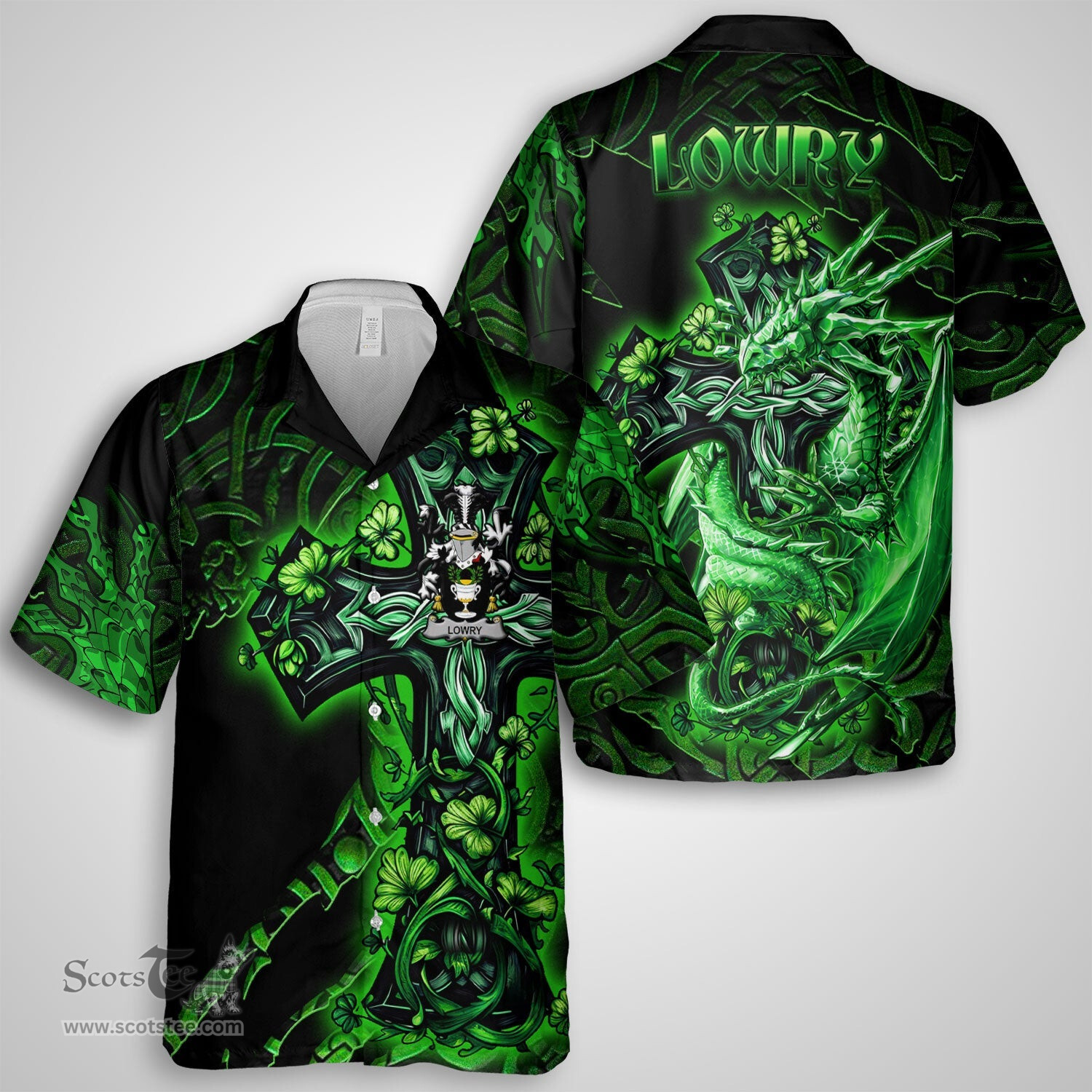 ScotsTee Shop Irish Lowry or Lavery Coat of Arms Irish Shirt Family Crest Celtic Cross And Dragon Short Sleeve Shirt