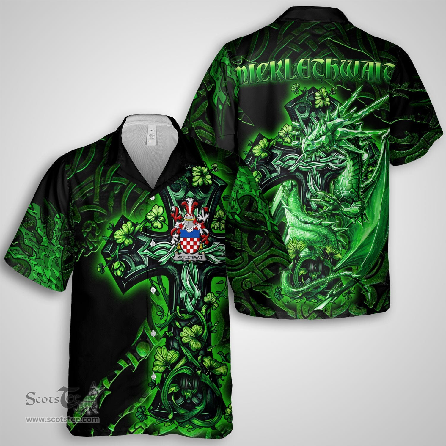 ScotsTee Shop Irish Micklethwait Coat of Arms Irish Shirt Family Crest Celtic Cross And Dragon Short Sleeve Shirt