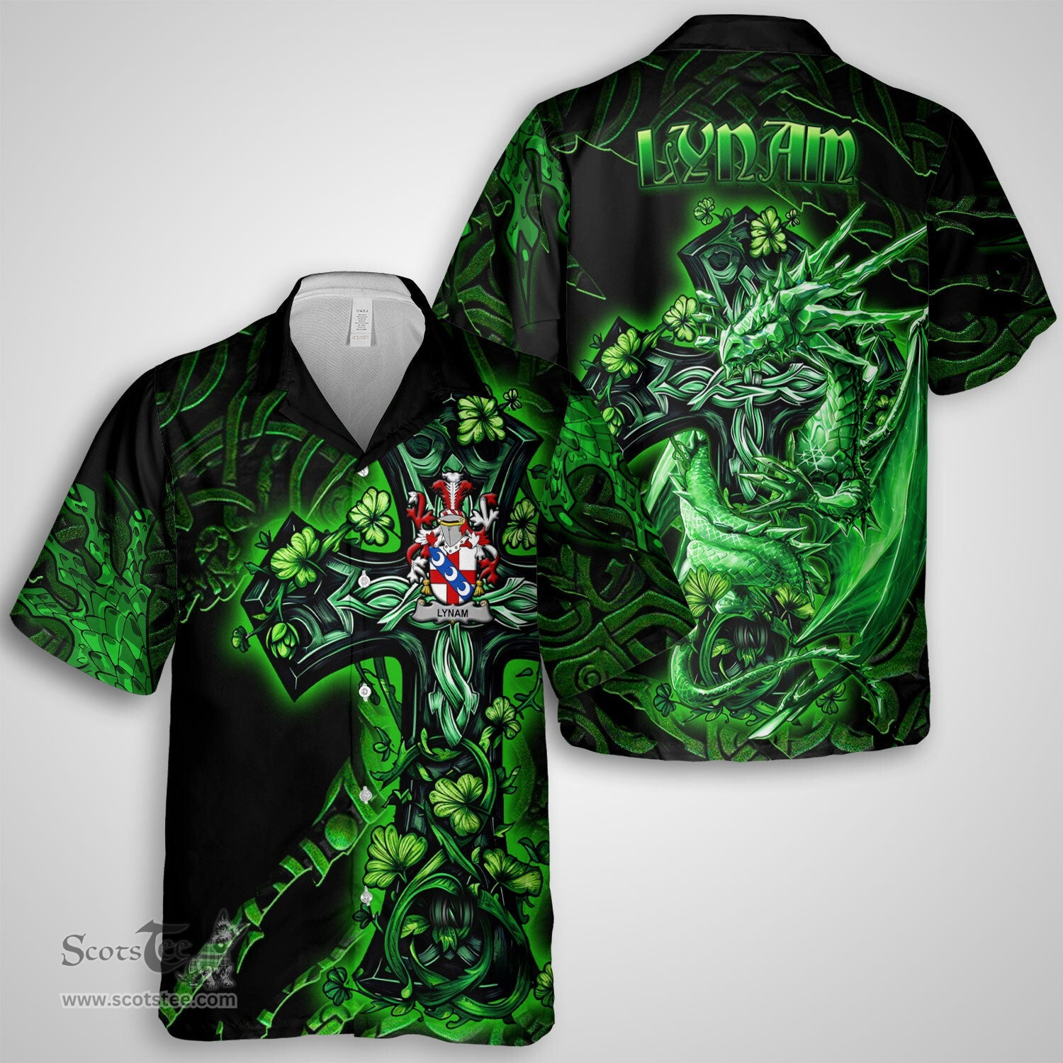 ScotsTee Shop Irish Lynam or O Lynam Coat of Arms Irish Shirt Family Crest Celtic Cross And Dragon Short Sleeve Shirt