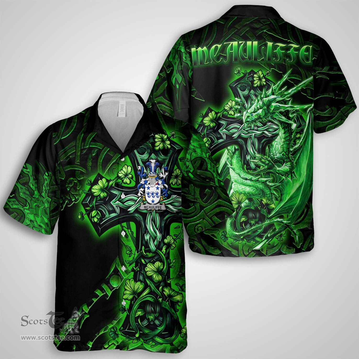 ScotsTee Shop Irish McAuliffe Coat of Arms Irish Shirt Family Crest Celtic Cross And Dragon Short Sleeve Shirt