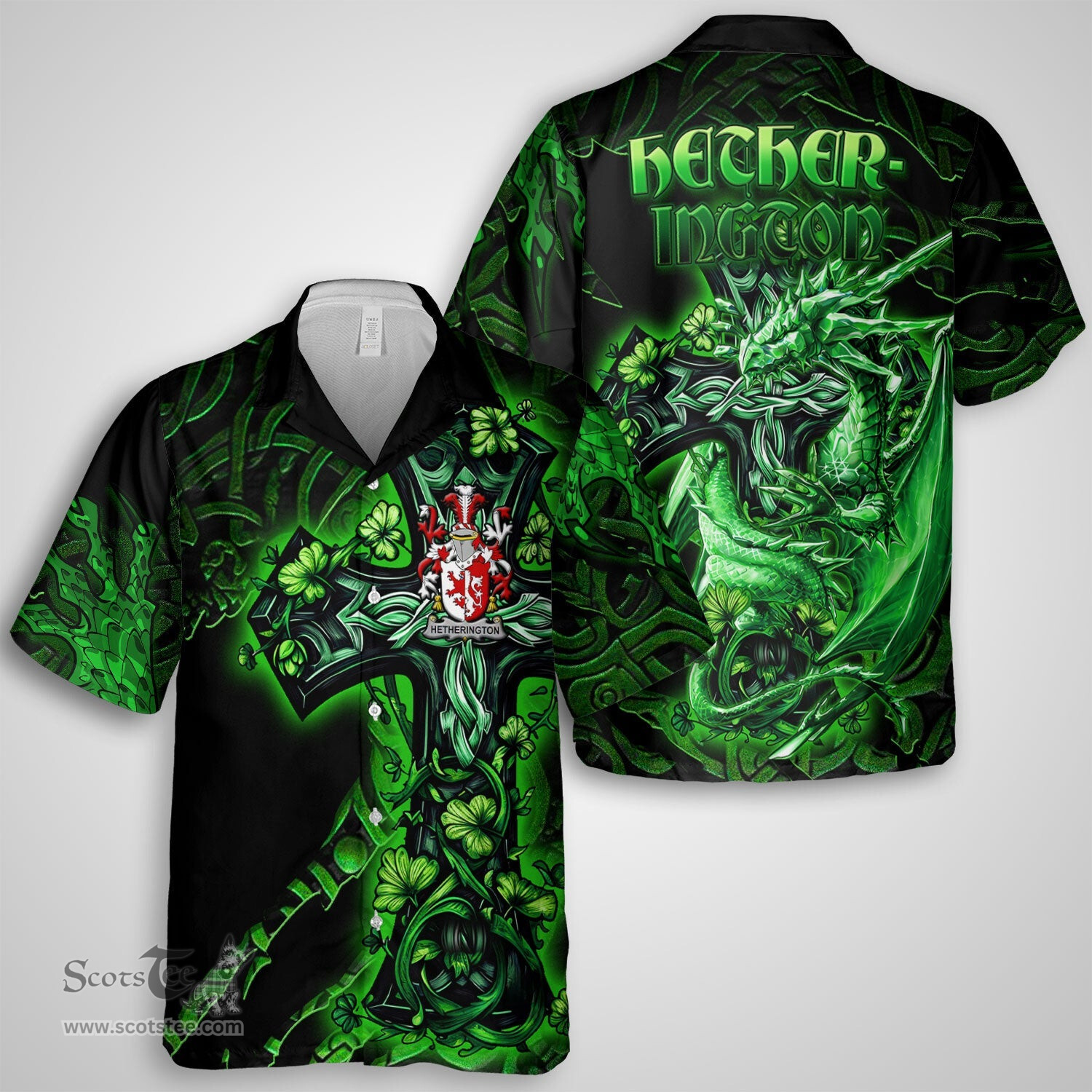 ScotsTee Shop Irish Hetherington Coat of Arms Irish Shirt Family Crest Celtic Cross And Dragon Short Sleeve Shirt
