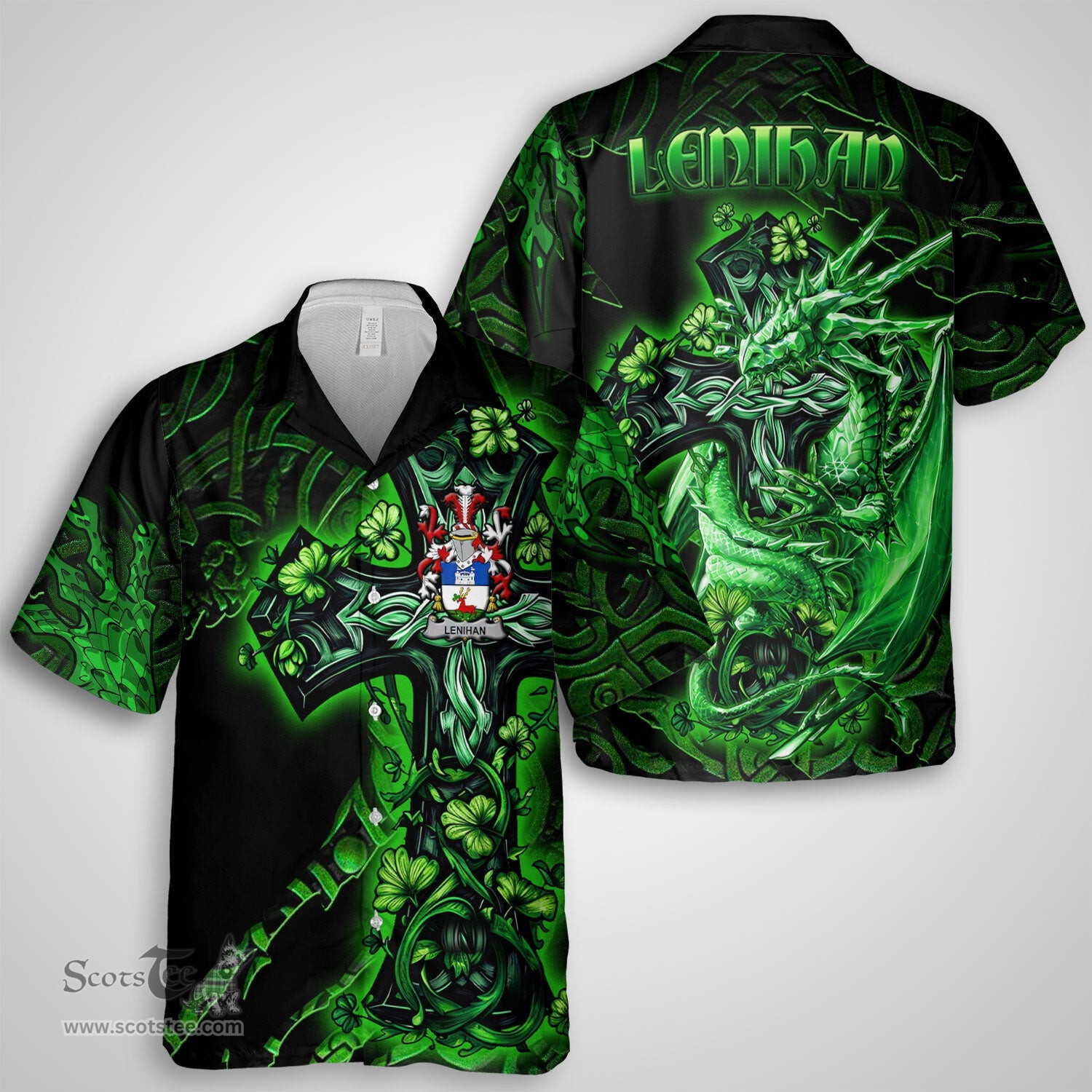 ScotsTee Shop Irish Lenihan or O Lenaghan Coat of Arms Irish Shirt Family Crest Celtic Cross And Dragon Short Sleeve Shirt