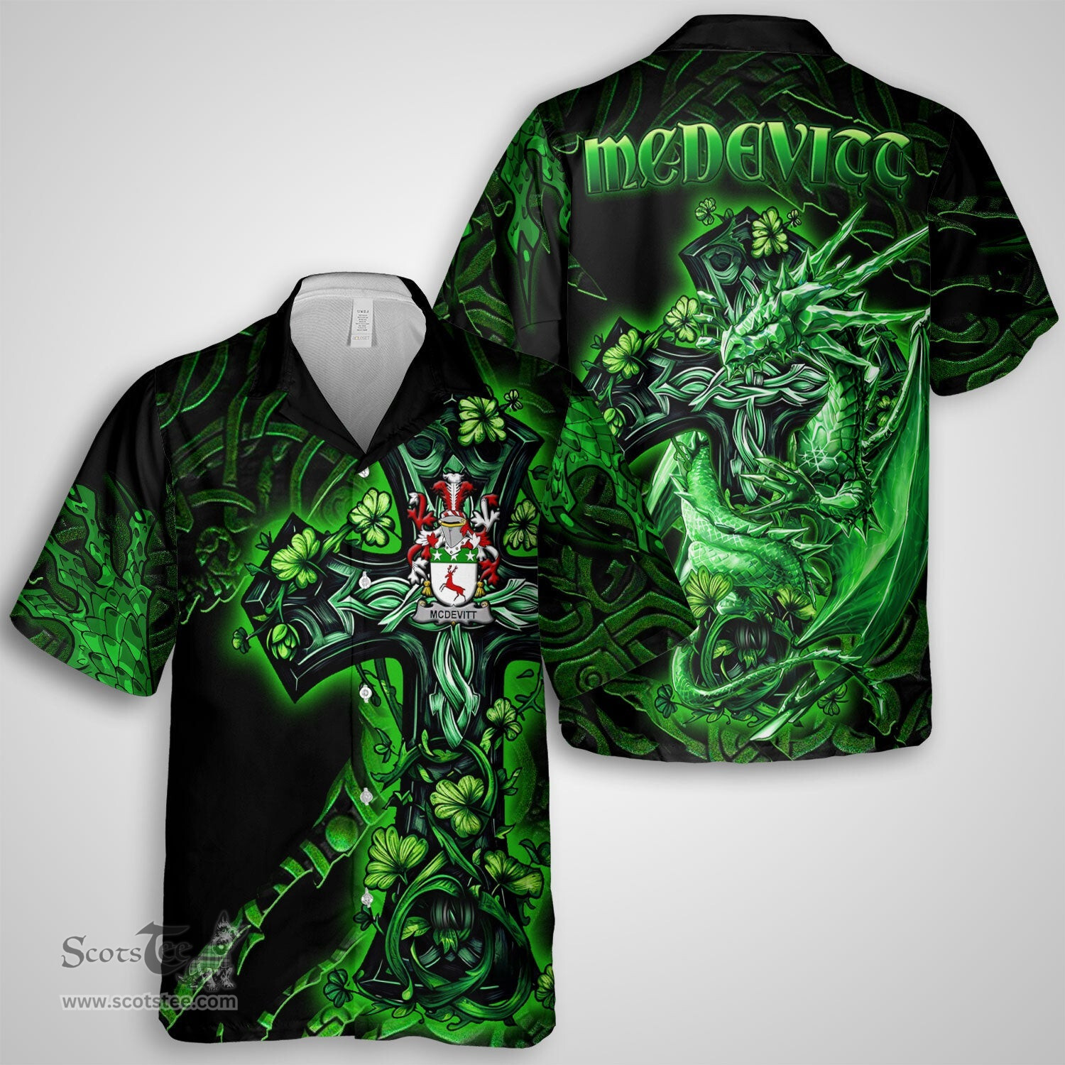 ScotsTee Shop Irish McDevitt Coat of Arms Irish Shirt Family Crest Celtic Cross And Dragon Short Sleeve Shirt